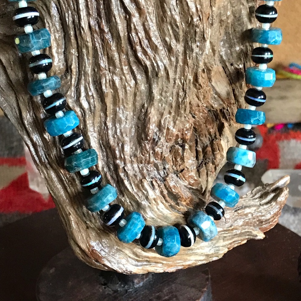 Raw apatite and jet with opal inlay necklace